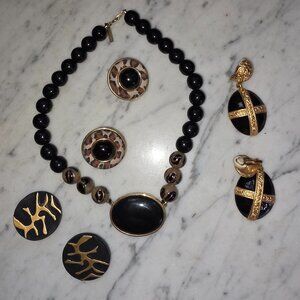 Vintage Black Gold Statement Jewelry Lot Jones NY Necklace + 3 Clip Earrings